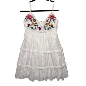 Gauzy White Floral Embroidered Tiered Ruffle Mini Dress XXS Spring Summer